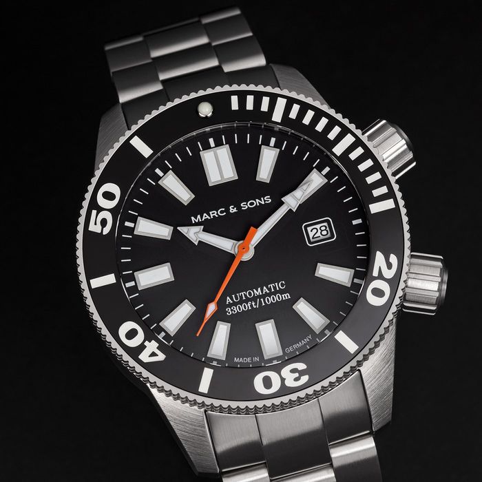 Marc & Sons Professional Automatic Diver Men's Watch 46mm Black Bezel/Black Dial/Orange S-Hand MSD-028-24S2